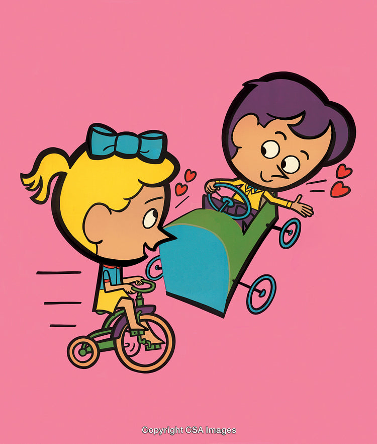 Cartoon Children Riding Trike and Pedal Car on a Colorful Background