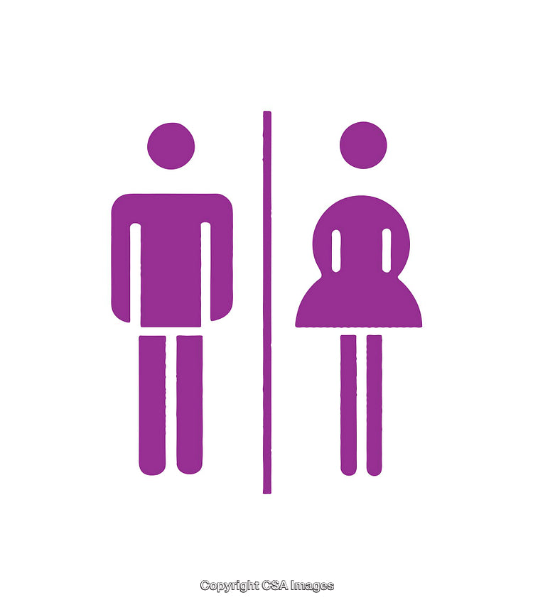 Purple Male and Female Restroom Icons on White Background