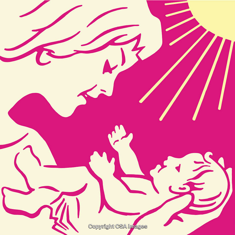Mother Holding Baby in a Warm Pink Line Art Illustration