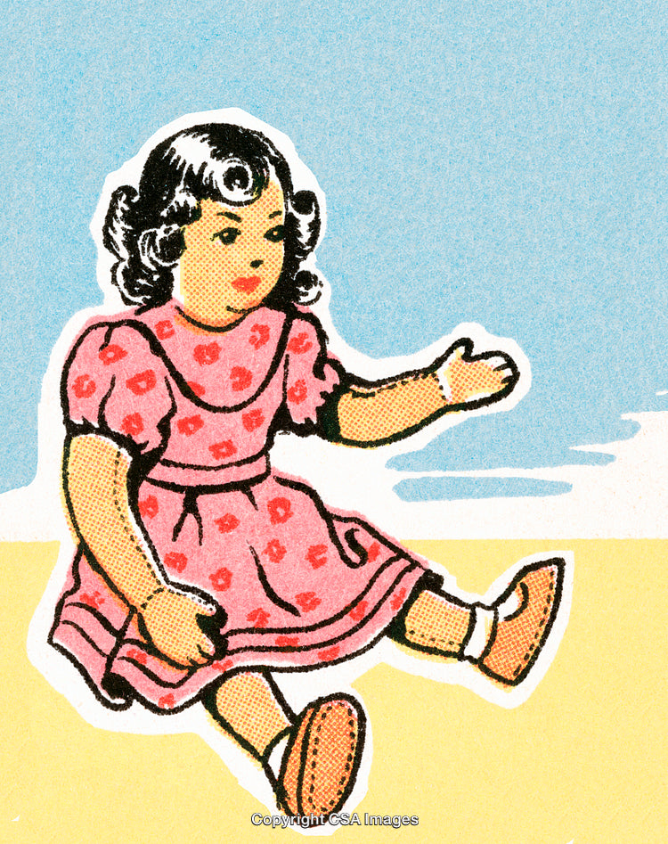 Vintage Illustration of a Girl Sitting Outdoors in a Red Dress