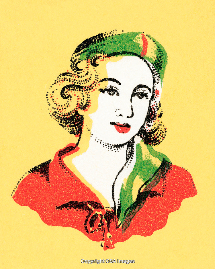 Vintage Illustration of a Woman in Red Attire on Yellow Background