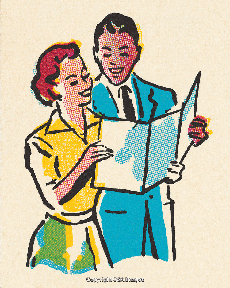 Colorful Retro Comic Style Illustration of Smiling Couple Reading a Newspaper