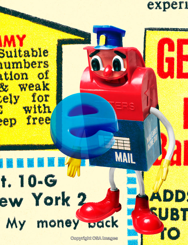 Playful Toy Mailbox Figure Over Vintage Advertising Design