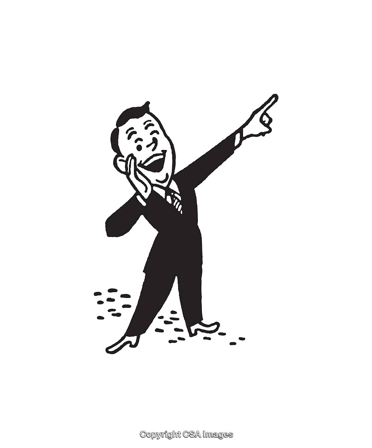 Retro Black and White Illustration of Cheerful Man Pointing Upward