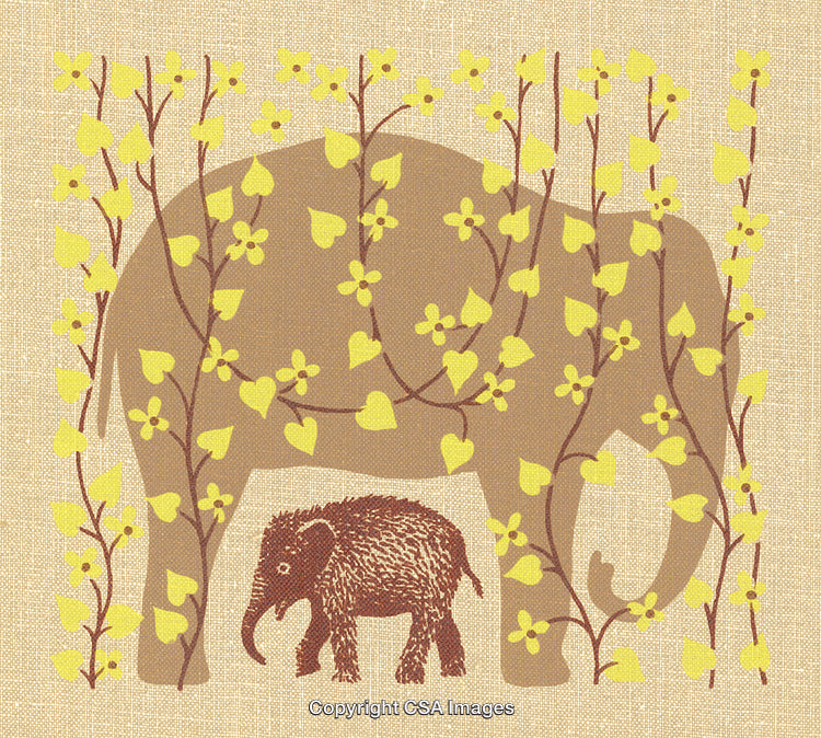 Illustrated Elephant and Calf Amid Yellow Flowering Vines on Canvas Background