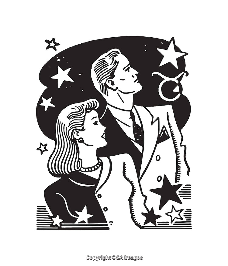 Retro Styled Black and White Illustration of Two People Staring at Stars