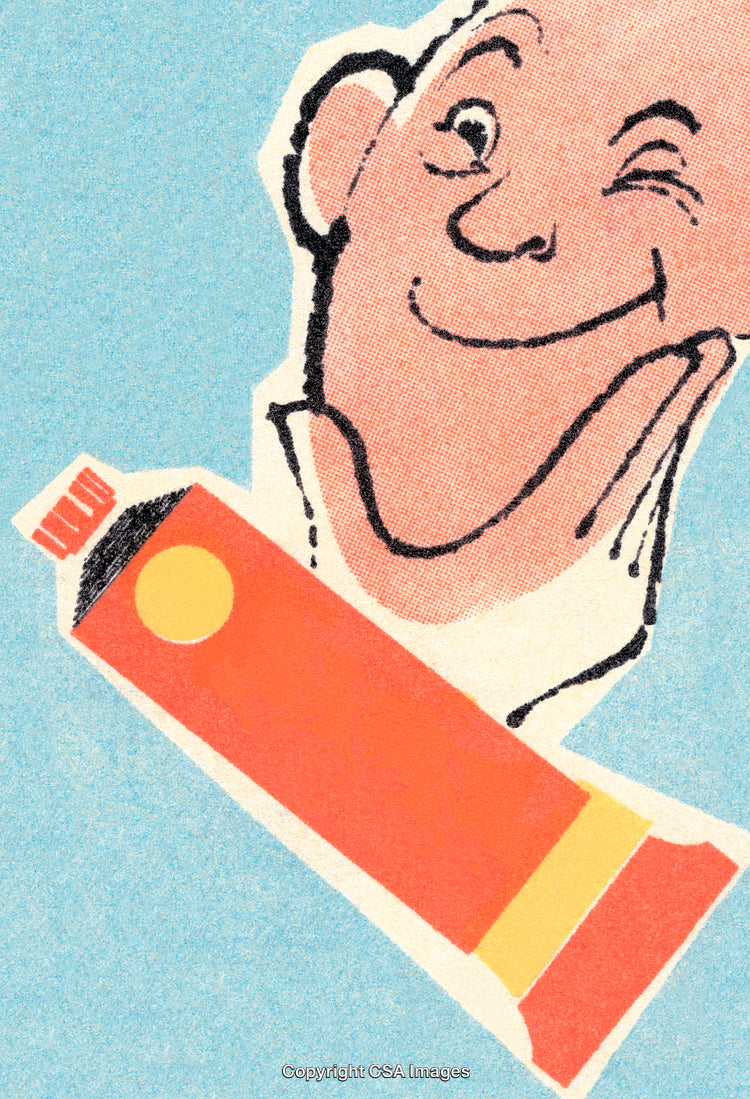 Retro Illustration of Smiling Man with Toothpaste Tube on Vibrant Blue Background