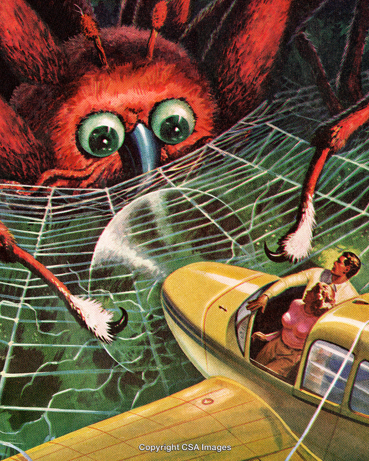 Massive Spider Battles Airplane Caught in Web in Thrilling Adventure Art