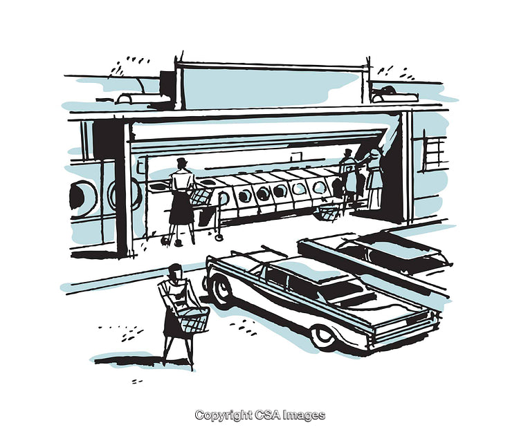 Retro Illustration of Laundry Day at a Classic Washerette