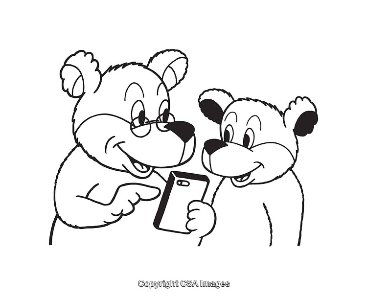Two Bears Looking at a Smartphone in a Line Art Style