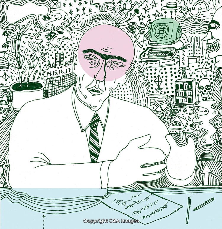 Abstract Illustration Featuring a Businessman in a Surreal and Symbolic Scene