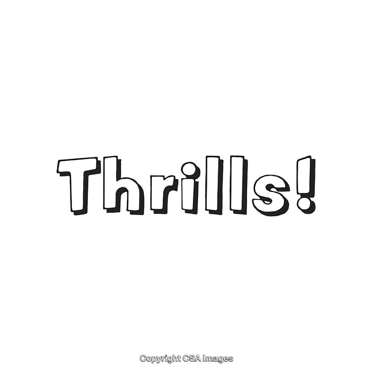 Black and White Cartoon Text 'Thrills!' with Exclamation Mark Illustration