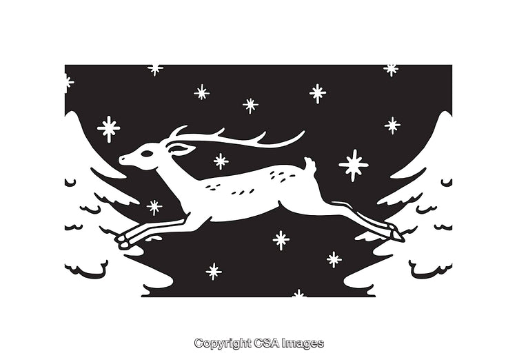 Black and White Line Art of a Reindeer in Winter Forest