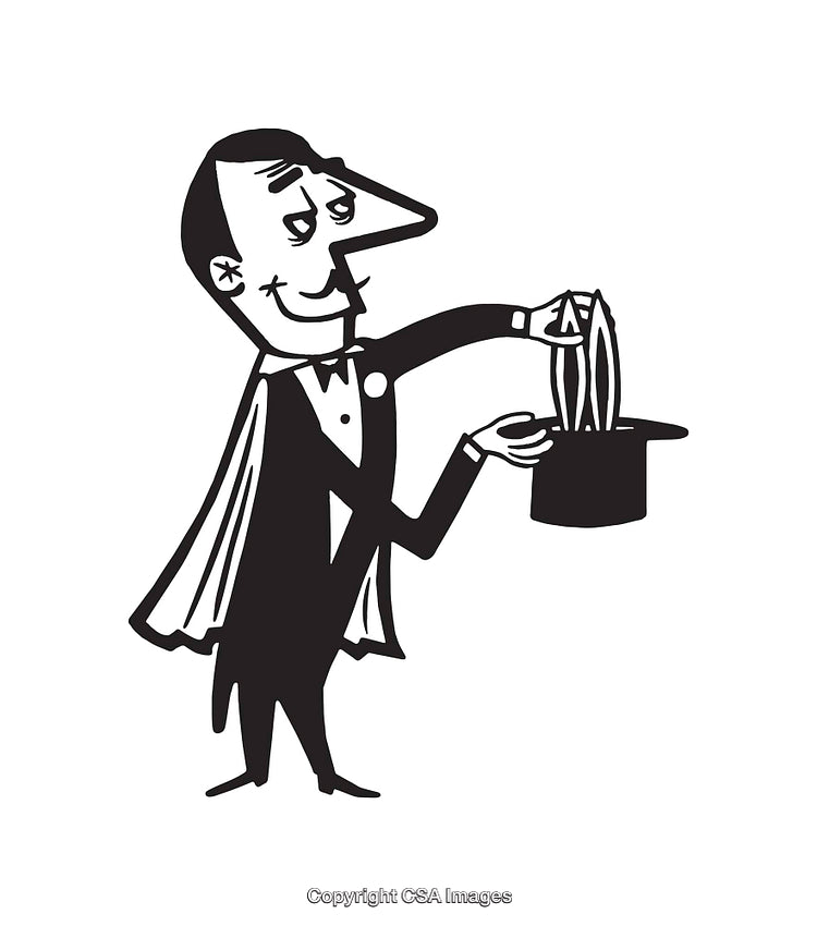 Vintage Cartoon Magician Performing Magic Trick with Top Hat Illustration