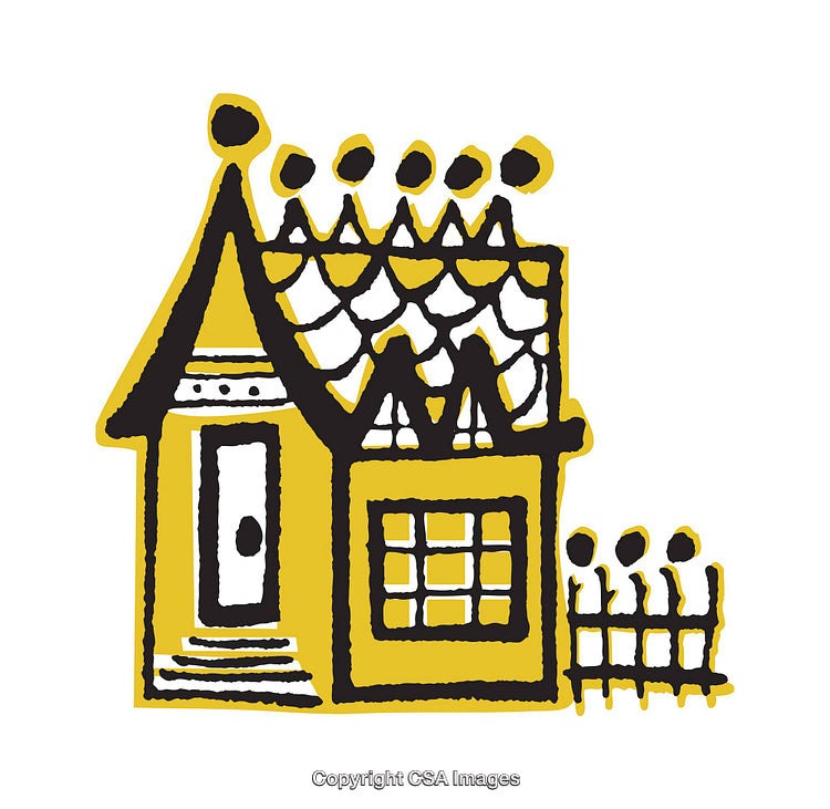 Whimsical Hand-Drawn House Illustration with Unique Patterns and Decorative Details