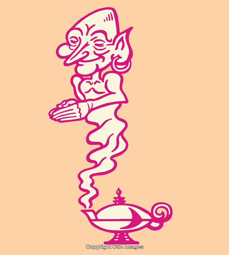 Cartoon Line Art of a Genie Emerging from a Magical Lamp