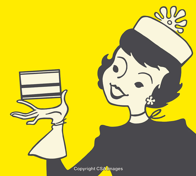 Vintage Style Lady Holding a Card on Yellow Background