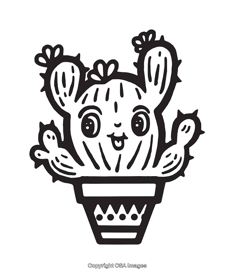 Cute Cactus Character in Black and White Line Art Illustration