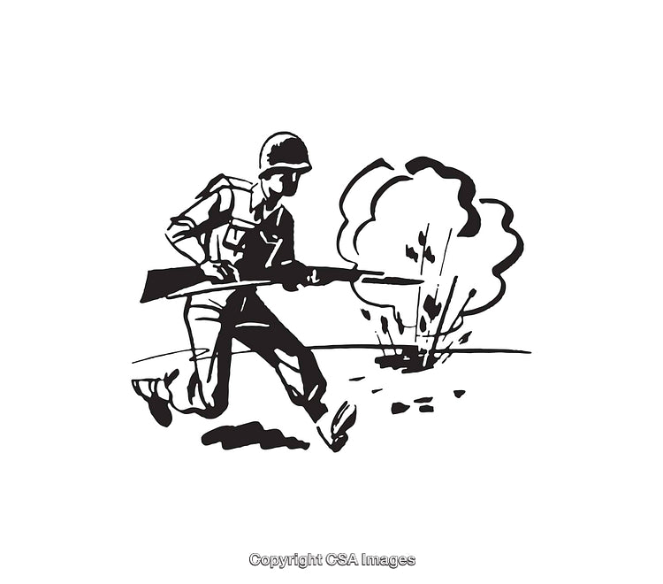 Black and White Line Art of a Soldier During Battle