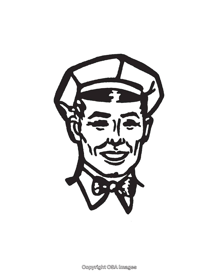 Vintage Black and White Illustration of Smiling Individual in Uniform