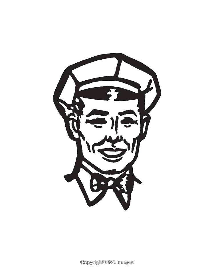 Vintage Black and White Illustration of Smiling Individual in Uniform