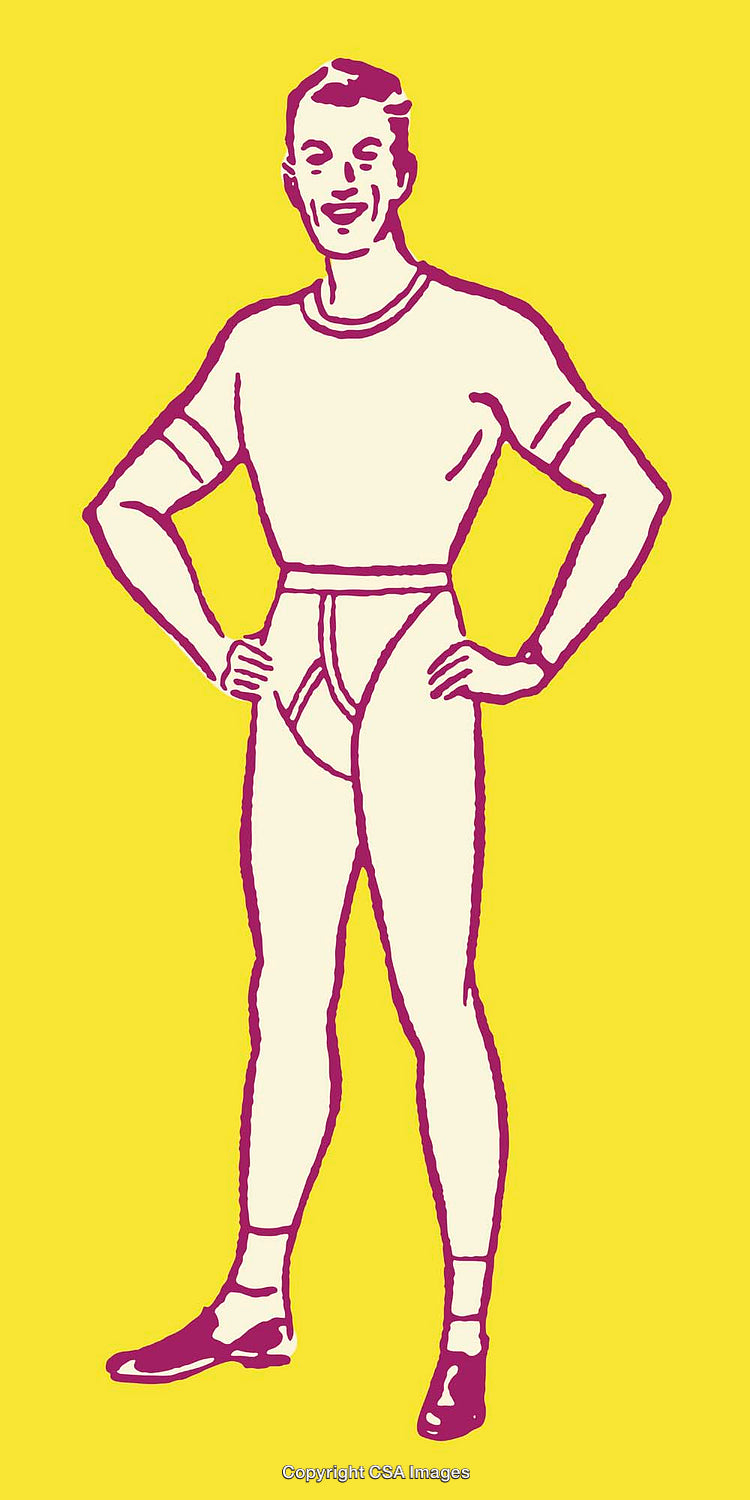 Vintage Illustration of a Smiling Man in Classic Fitness Attire on Yellow Background