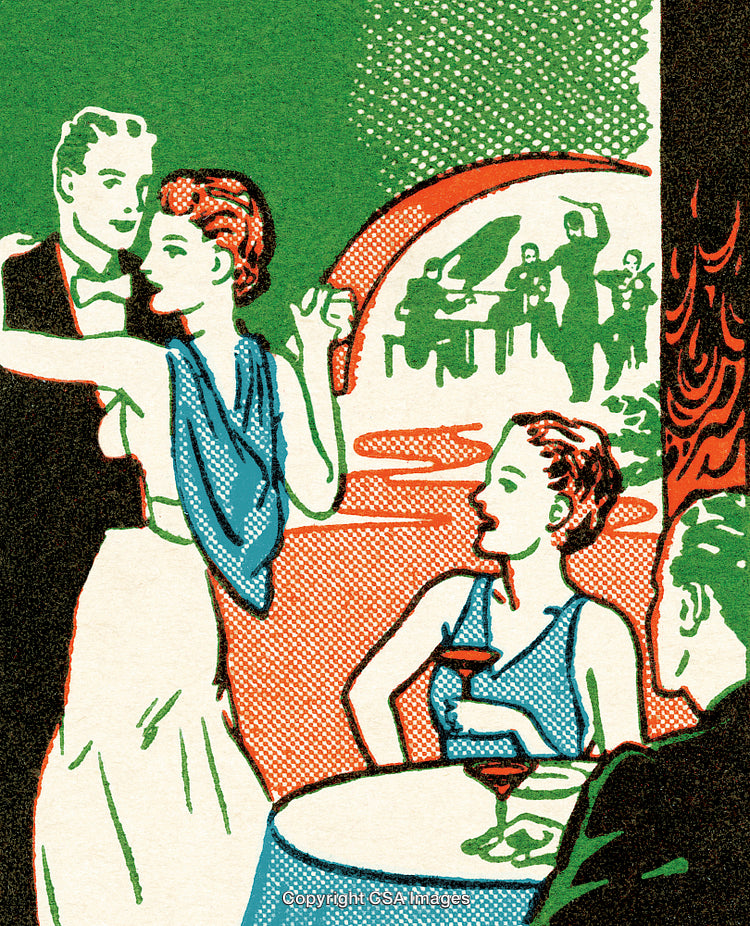 Elegant Dining Scene With Dancing Couple and Live Musical Performance