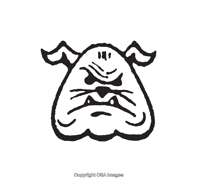 Black and White Line Art Bulldog Illustration with Angry Expression