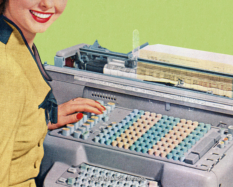 Retro Woman Using Vintage Computing Machine in Professional Context