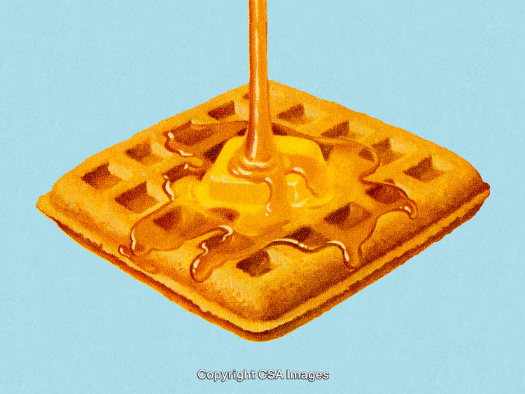 Golden Waffle Drizzled With Syrup on a Light Blue Background