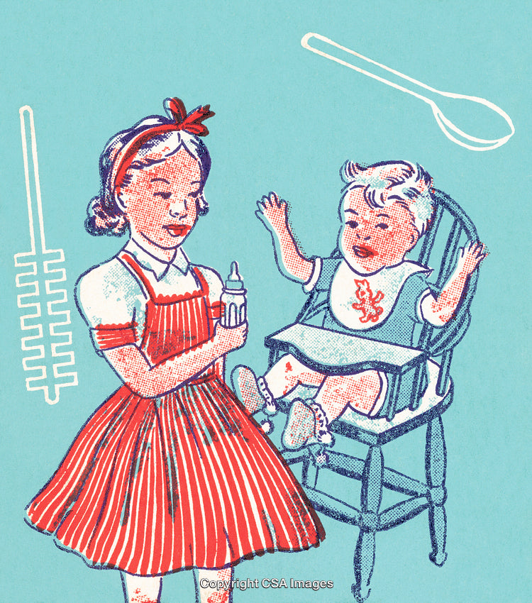 Vintage Comic-Style Illustration of Sibling Caregiving and Feeding Activity