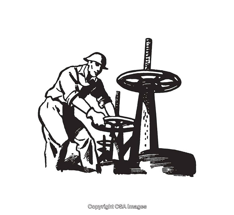 Black and White Illustration of a Worker Operating Industrial Machinery