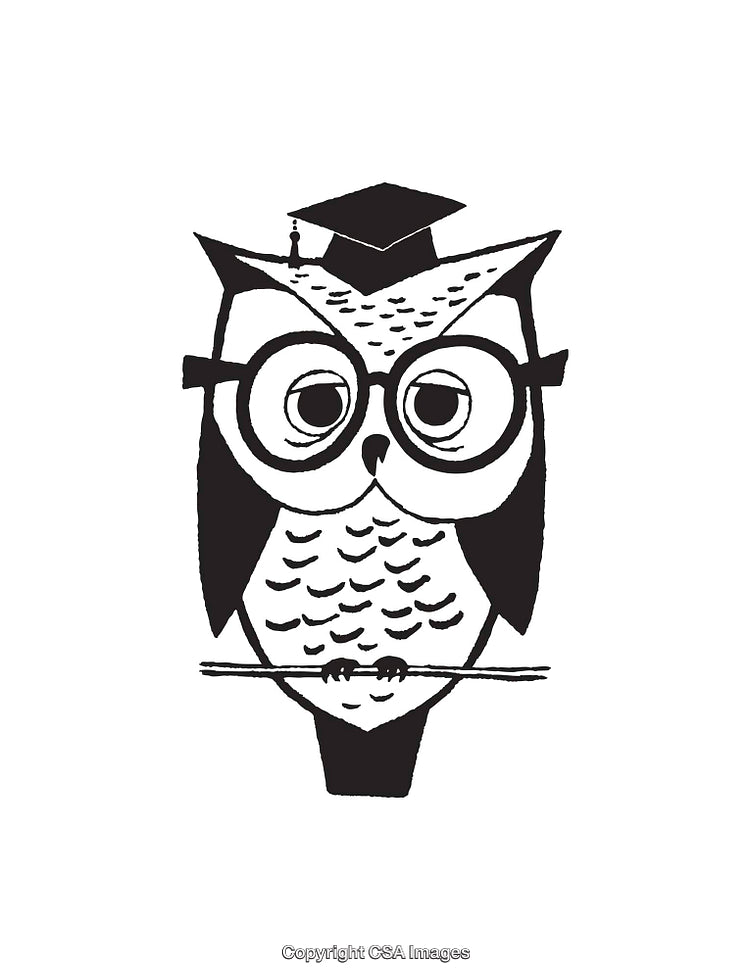 Black and White Owl Illustration with Graduation Cap and Glasses