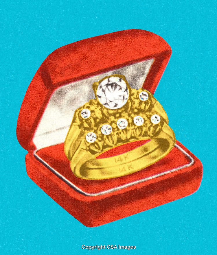 Luxurious Gold Diamond Rings in a Velvet Red Box on a Vibrant Background