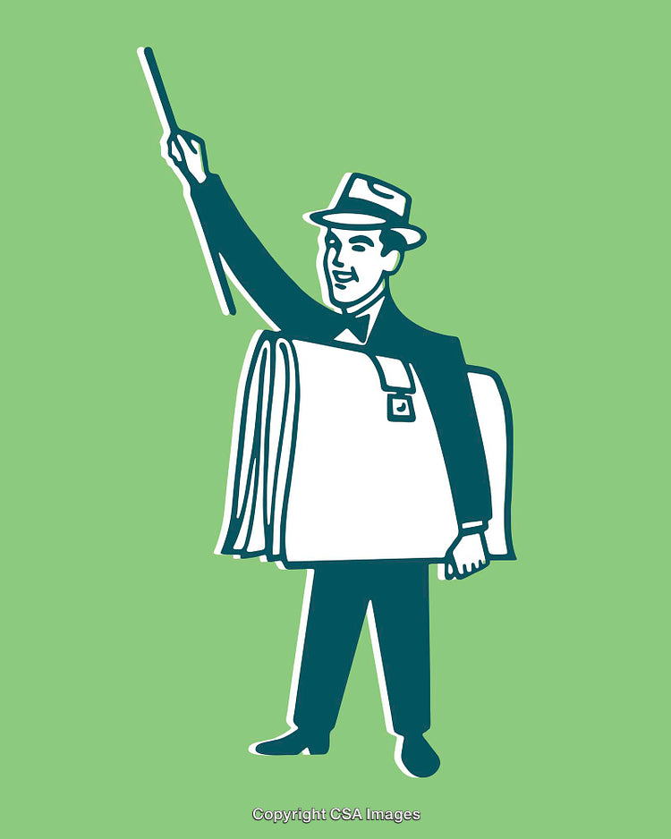 Vintage Newsboy Illustration on Green Background with Retro Styling