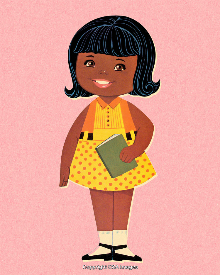 Cheerful Girl Holding a Book with Polka Dot Dress on Pink Background