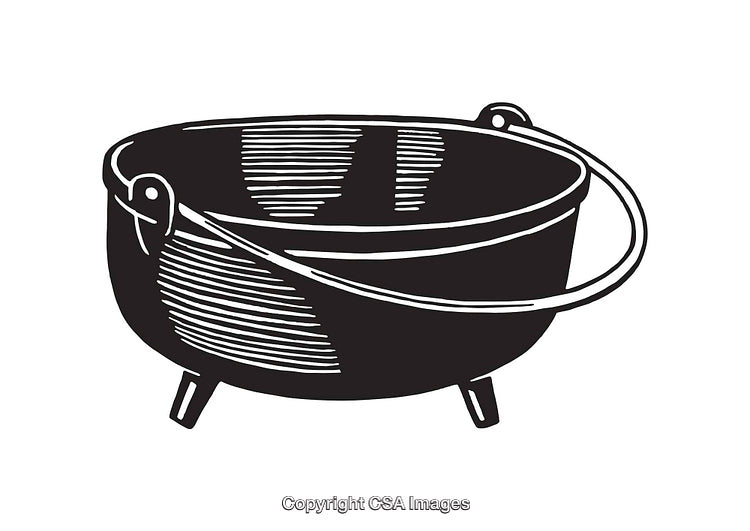 Black and White Line Art of Vintage Cauldron with Handle