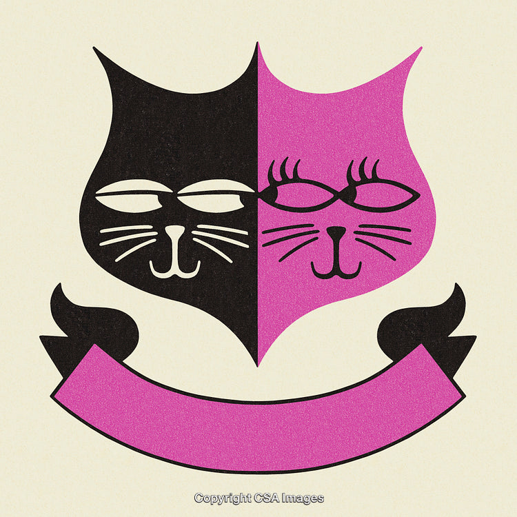 Abstract Representation of Dual-Color Cat Heads with Blank Ribbon Banner