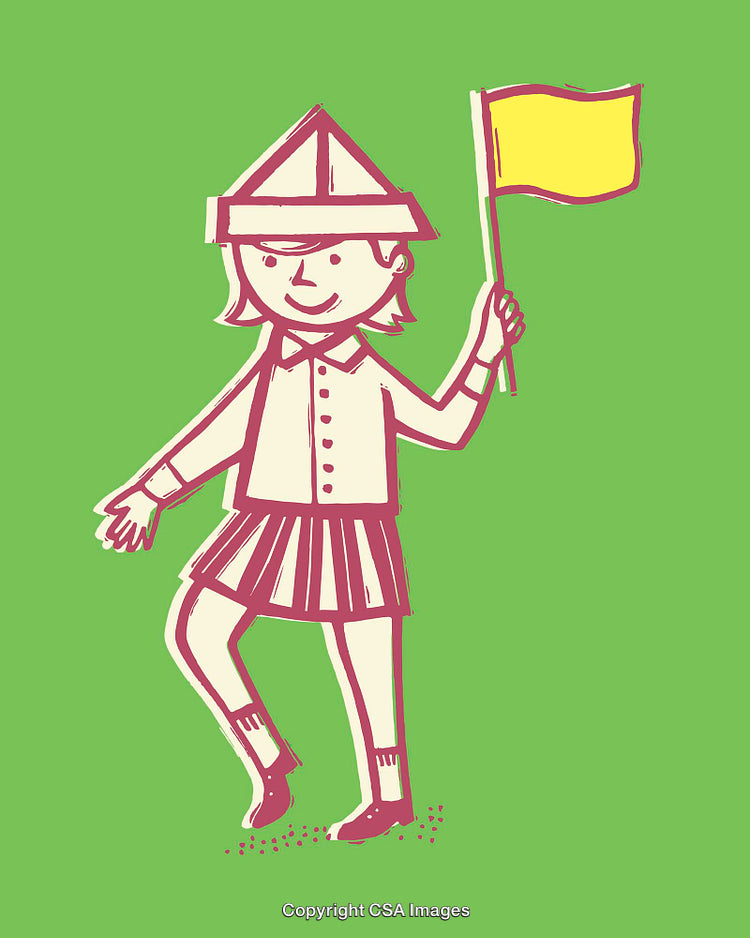 Playful Child Holding Yellow Flag in Colorful Line Art Illustration
