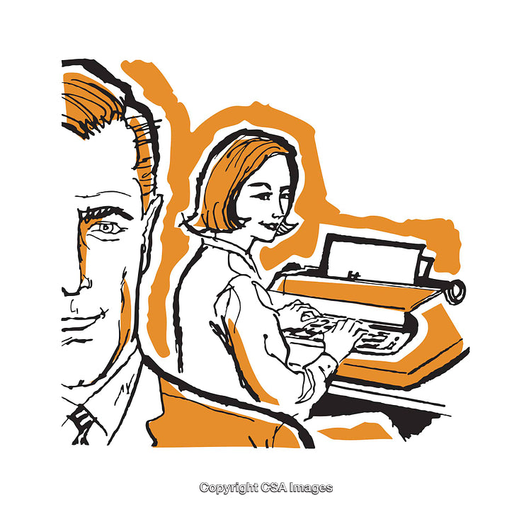 Retro Illustration of Office Workers Using a Typewriter for Business Tasks