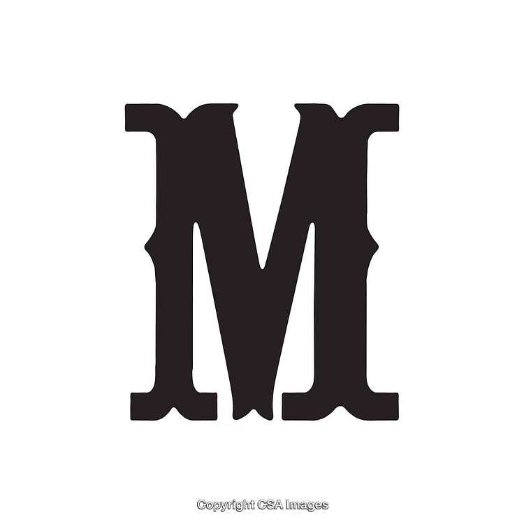 Stylized Uppercase Letter M in Bold Black Serif Font