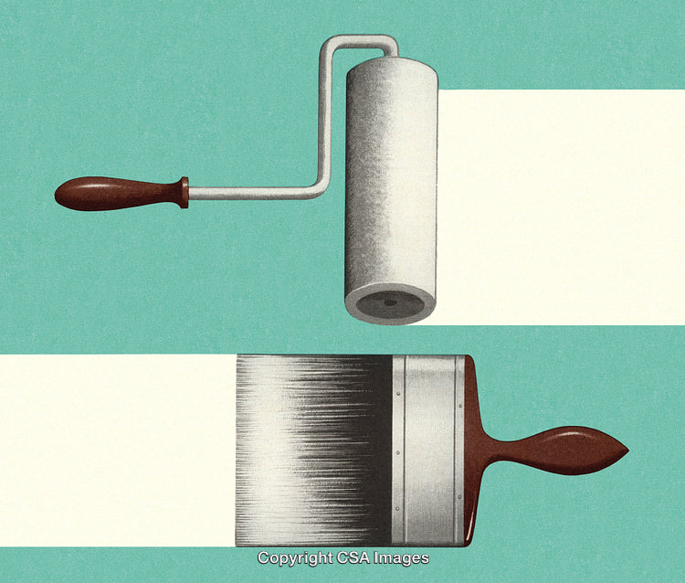 Vintage Style Painting Tools Illustration Featuring Roller and Brush on Color Background