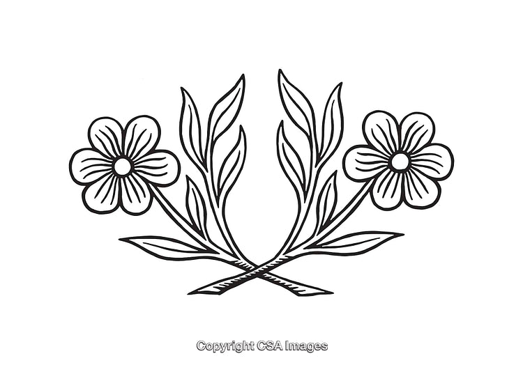 Black and White Line Drawing of Flowers with Leaves on a White Background
