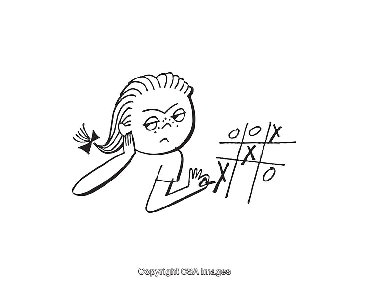 Black and White Illustration of Thoughtful Girl Playing Tic-Tac-Toe