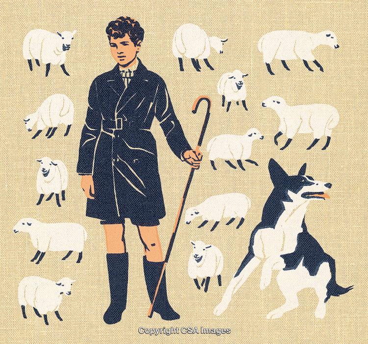 Young Shepherd with Sheep and Dog in a Detailed Artistic Illustration