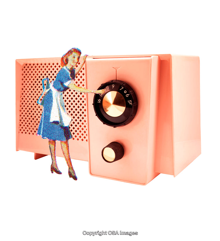 Creative Artwork of Retro Radio and Nostalgic Iconic Figure in Pop Art Style
