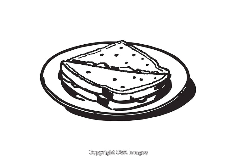 Black and White Line Art of Sandwich on a Plate