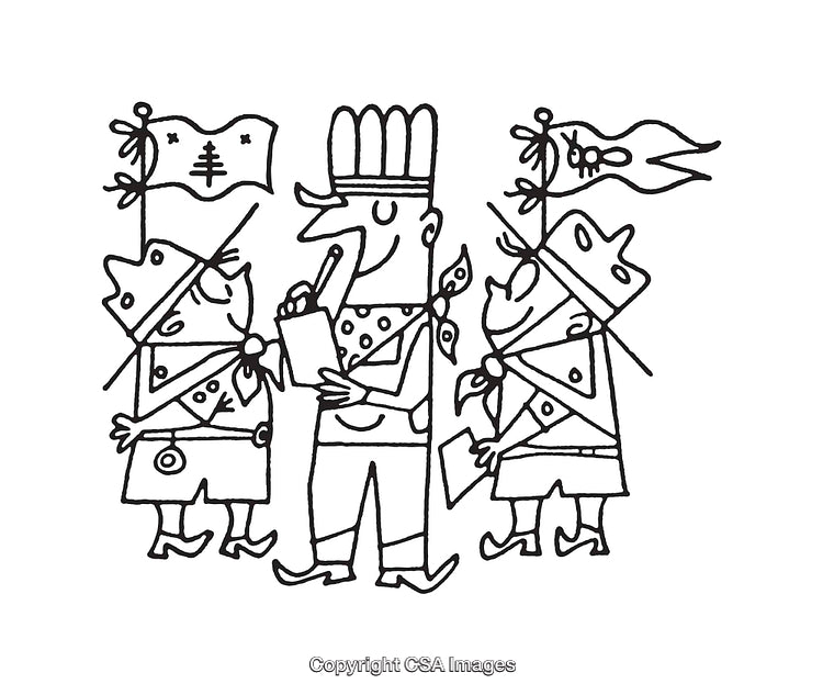 Illustrated Sketch of Scouts With Flags and Leader, Black and White Line Art