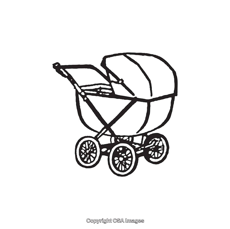 Black and White Illustration of a Vintage Baby Stroller