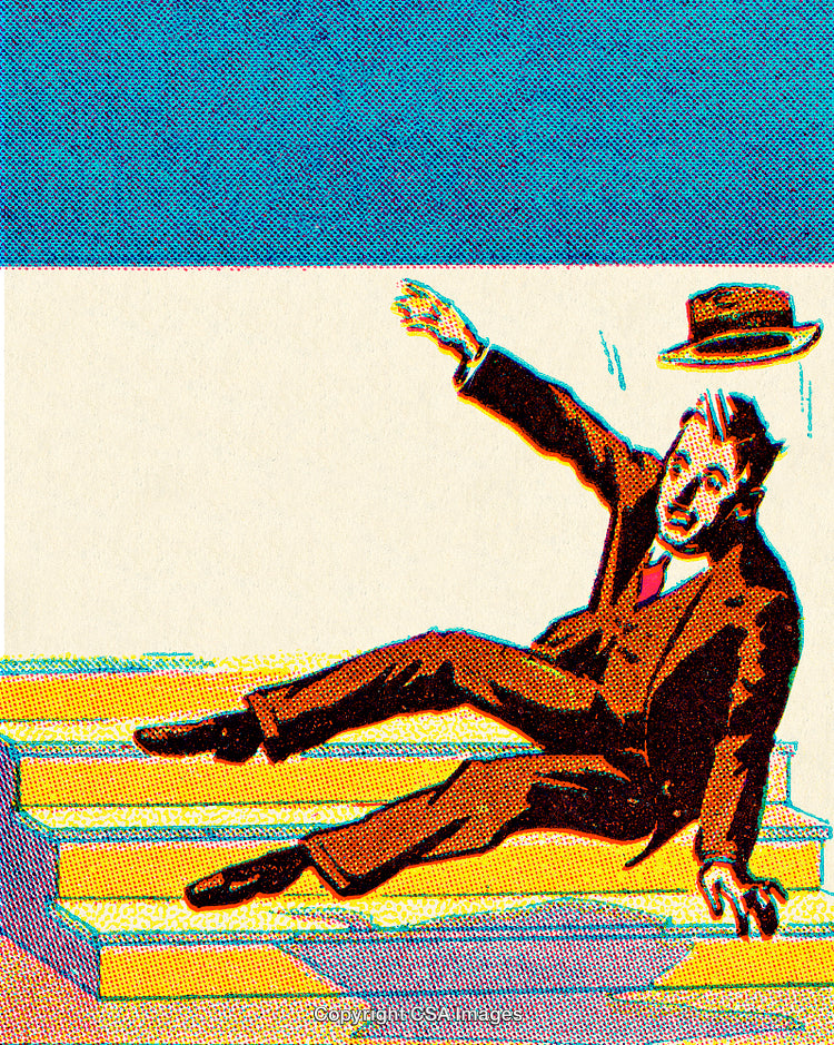 Retro Comic-Style Illustration of Man Falling on Stairs Accidentally